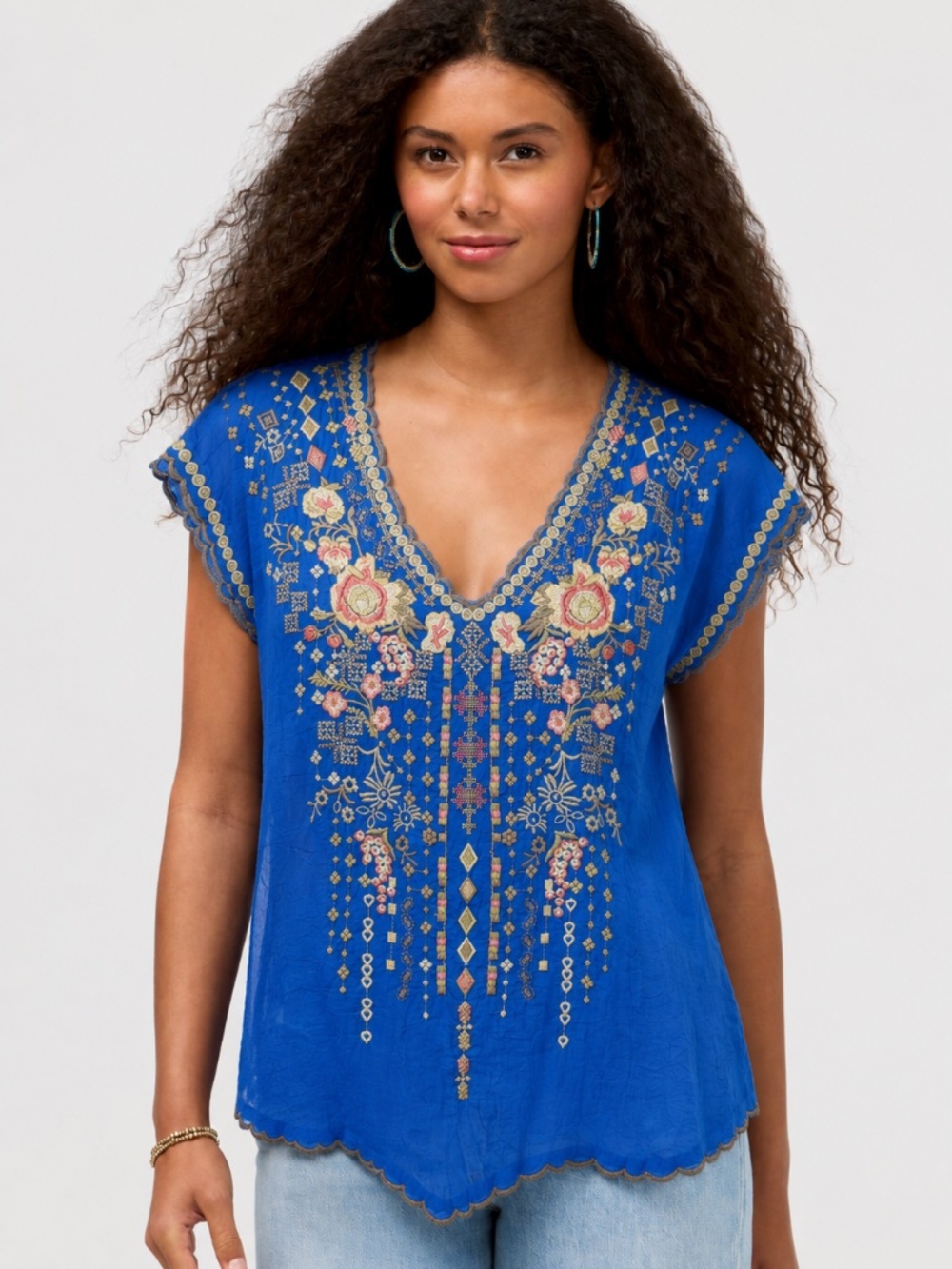Johnny Was Royal Blue Embroidered Silk V-Neck Scalloped Hem Blouse Womens XS